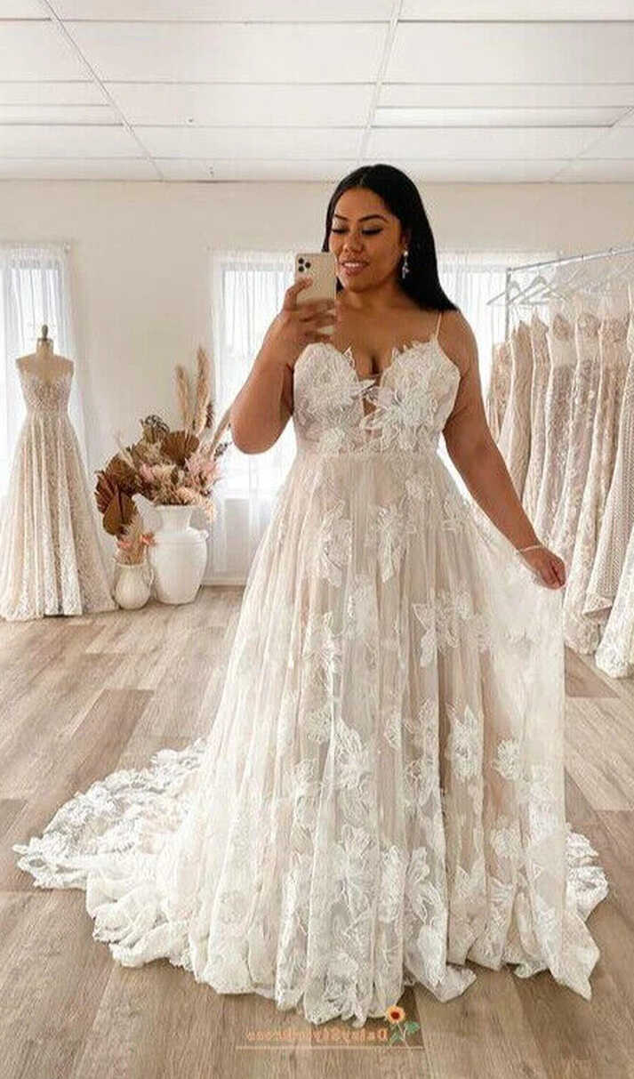 Plus Size Beach Boho Lace Wedding Dresses Strap Lace ...