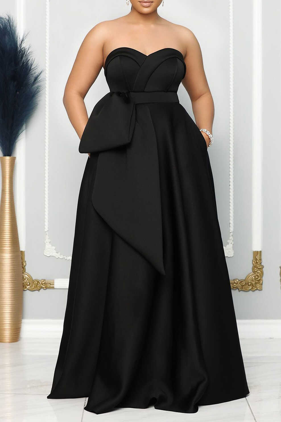 Plus Size Black Formal Elegant Strapless Slit With Pockets Gown ...