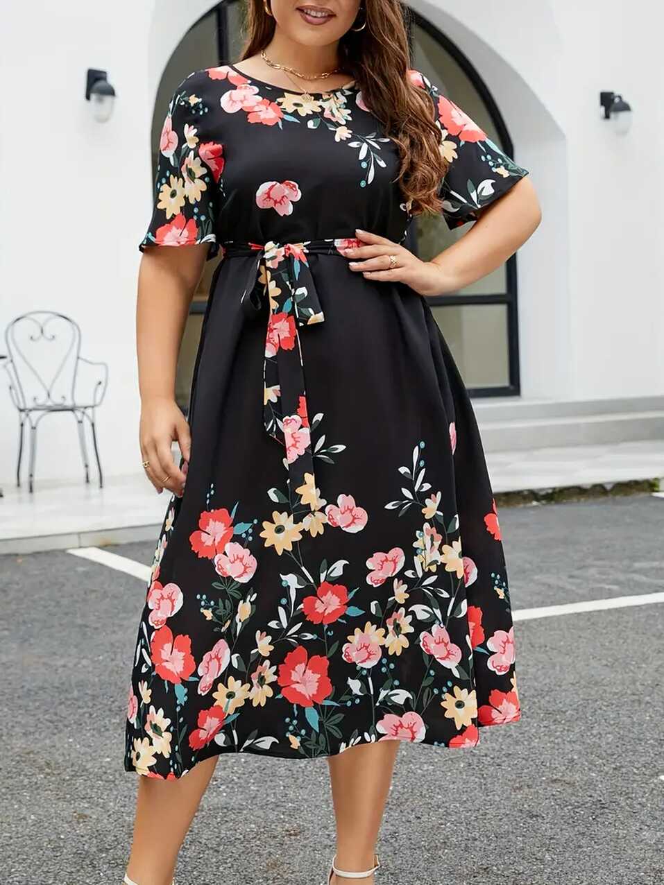 Plus Size Casual Dress Women&#39;s Plus Floral Print Short - Temu Greece