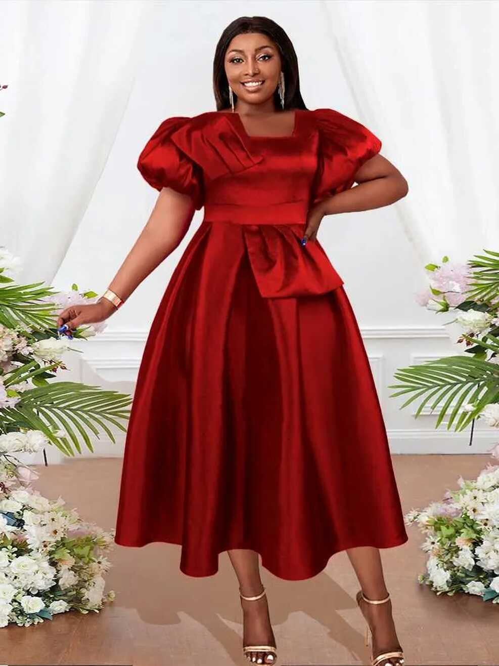 Plus Size Casual Dresses Vintage Red Prom Elegant Square Neck ...