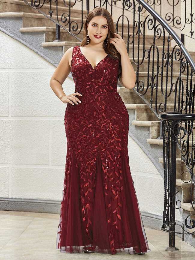 Plus Size Double V-Neck Fishtail Sequin Formal Maxi Evening Dress ...