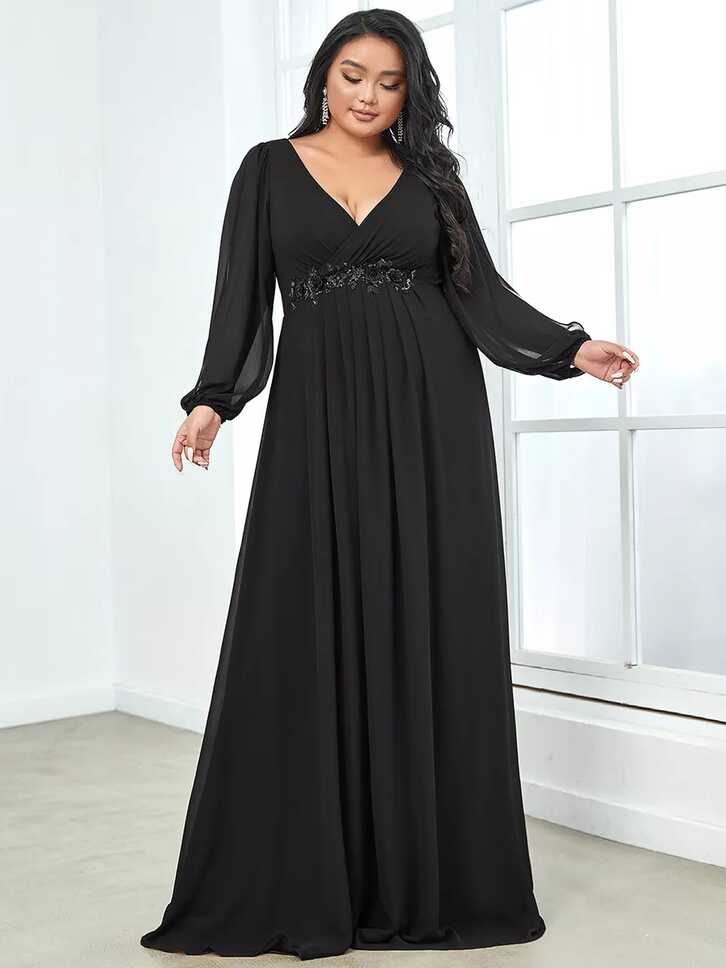 Plus Size Elegant Chiffon V-Neckline Long Sleeve Formal Evening ...