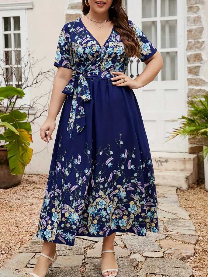 Plus Size Elegant Maxi Dress Women&#39;s Plus Floral Print Short - Temu