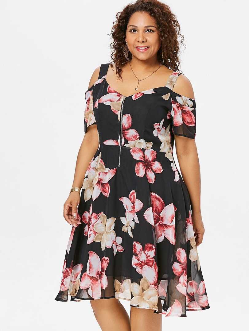 Plus Size Floral Cold Shoulder Knee Length Dress