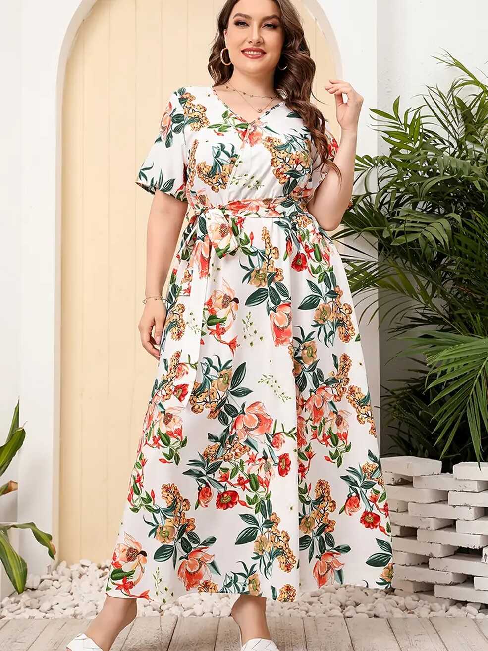 Plus Size Floral Print Short Sleeve Maxi Dress Belt Women&#39;s - Temu ...