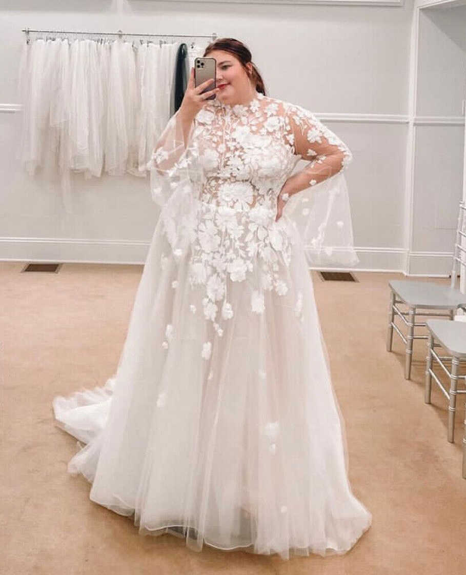 Plus Size High Neck Wedding Dresses Long Sleeve Lace Applique A ...