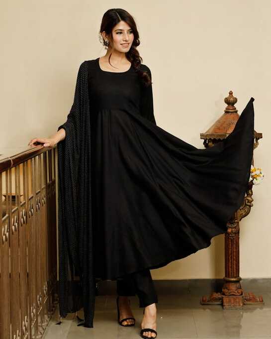 Plus Size Jet Black Solid Flared Anarkali With Dot Chiffon Dupatta ...