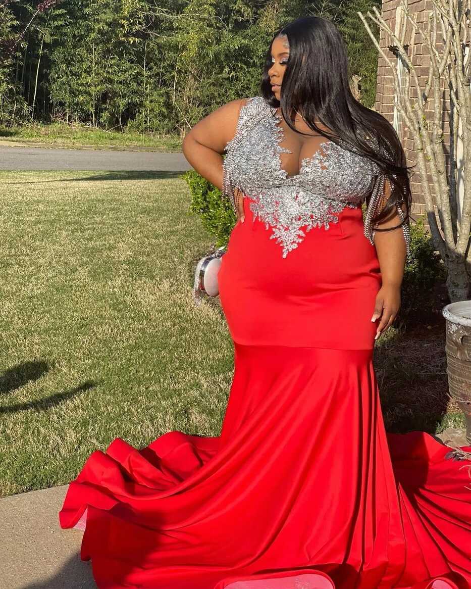 Plus Size Lace Mermaid Red Mermaid Prom Dress With Sheer V ...