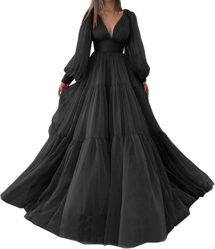 Plus Size Long Puffy Sleeves Prom Dresses A Line V Neck Tulle ...