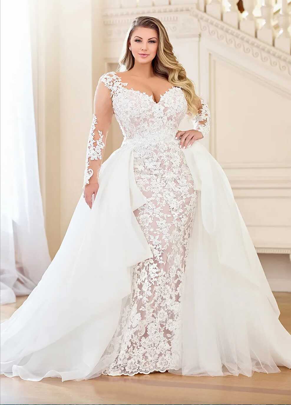 Plus Size Mermaid Lace Overskirt Wedding Dress With Detachable ...