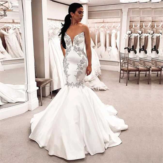 Plus Size Mermaid Wedding Dresses 2020 Corset White Satin Crystals ...