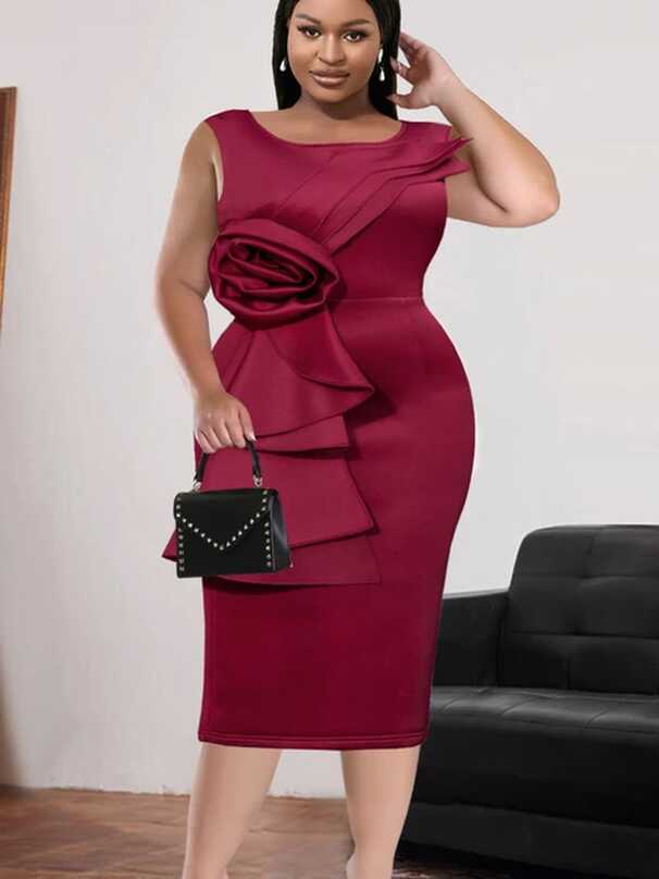 Plus Size Party Evening Dresses for Women Burgundy Midi O Neck ...