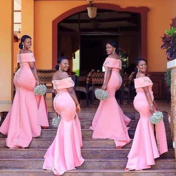 Plus Size Pink Bridesmaid Dresses Long 2020 Boat Neckline Gold ...