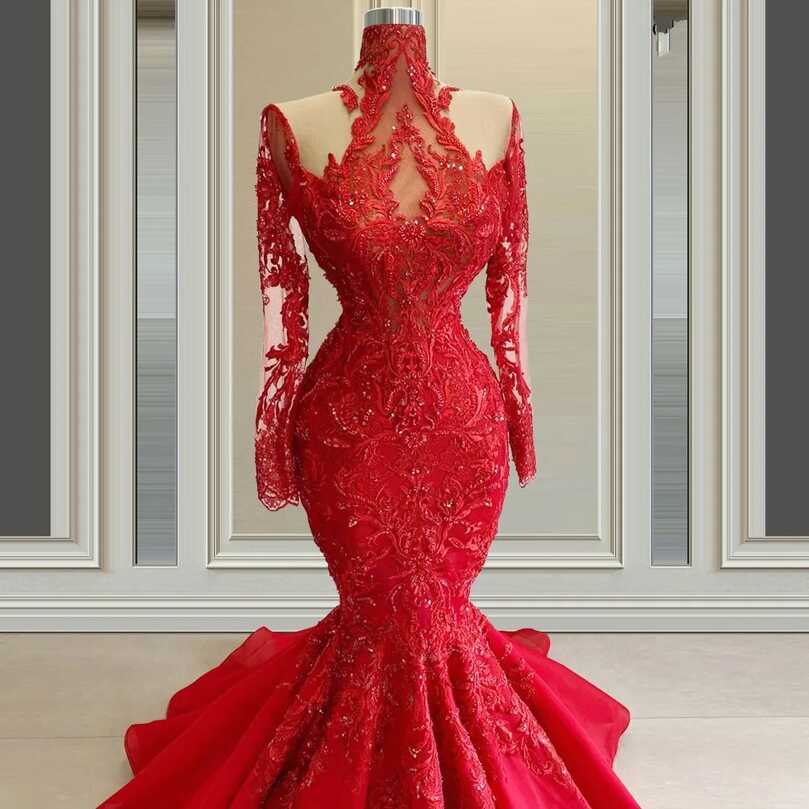 Plus Size Red Mermaid Wedding Dresses 2022 Illusion Long Sleeves ...