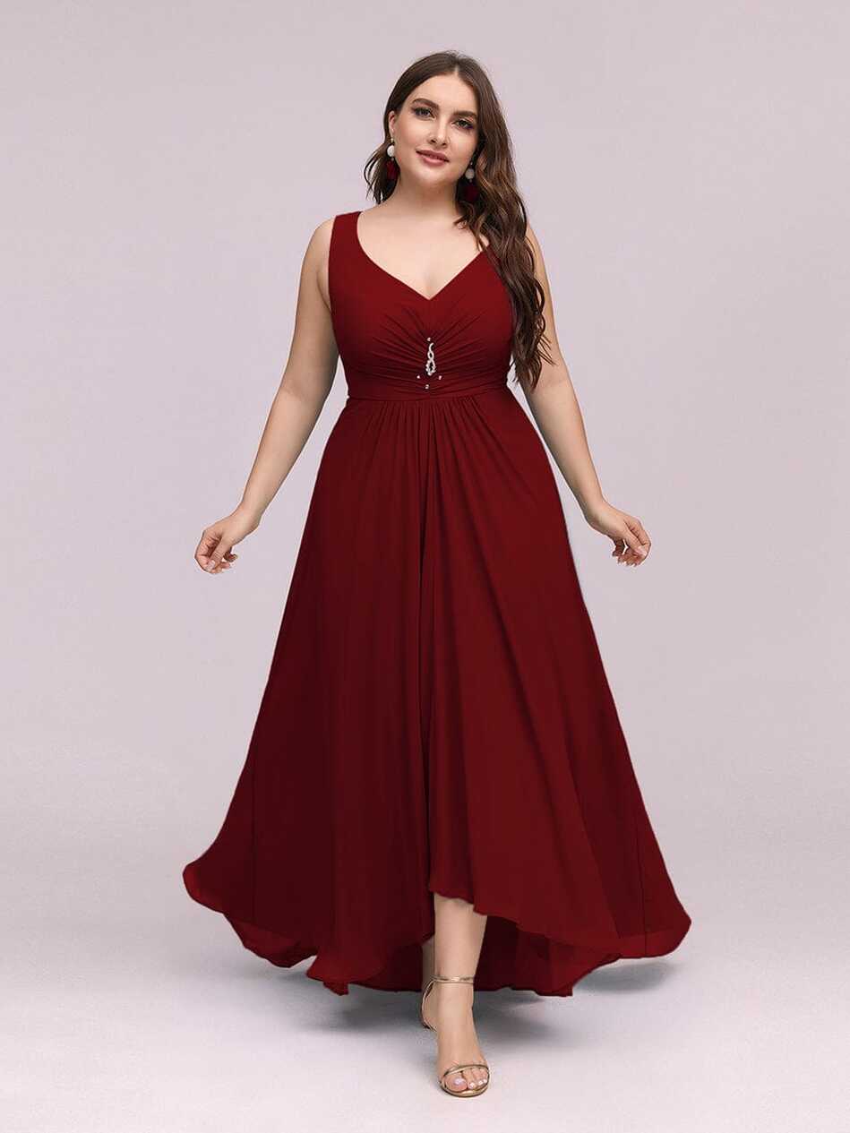 Plus Size Rhinestone V Neck High Low Party Dress - Ever-Pretty UK