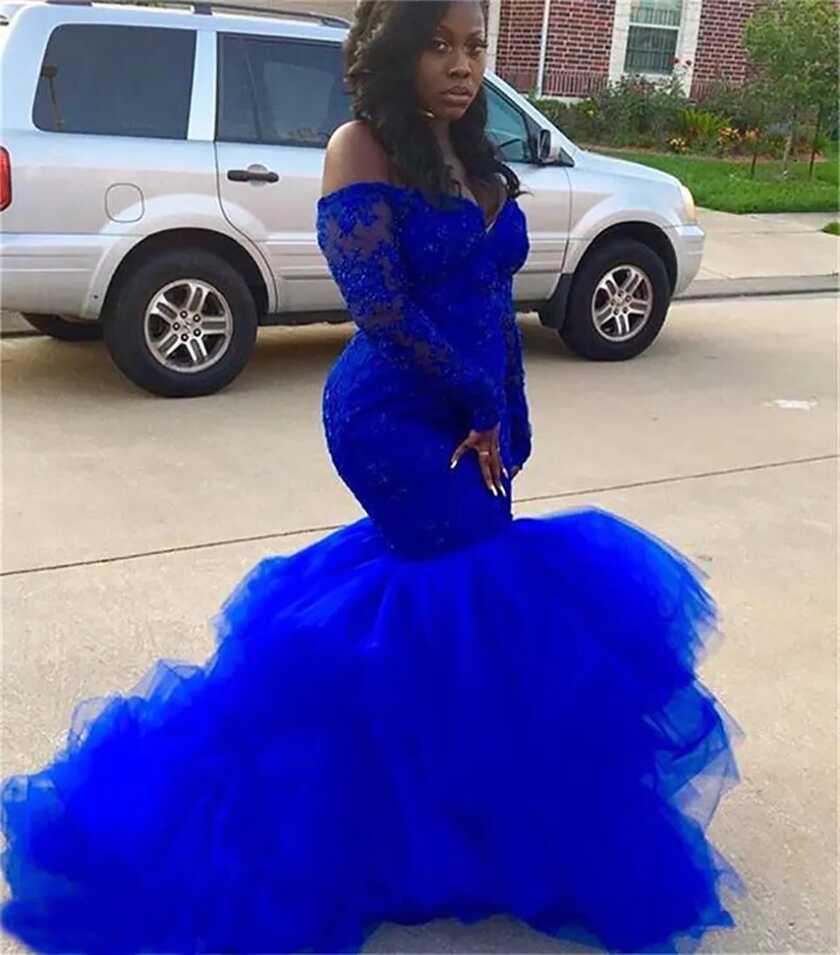 Plus Size Royal Blue Mermaid Prom Dresses Long Sleeve Black Girl ...