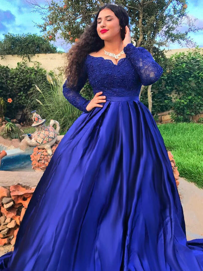 Plus Size Royal Blue Prom Dress Long Sleeves, Formal Ball Dress ...