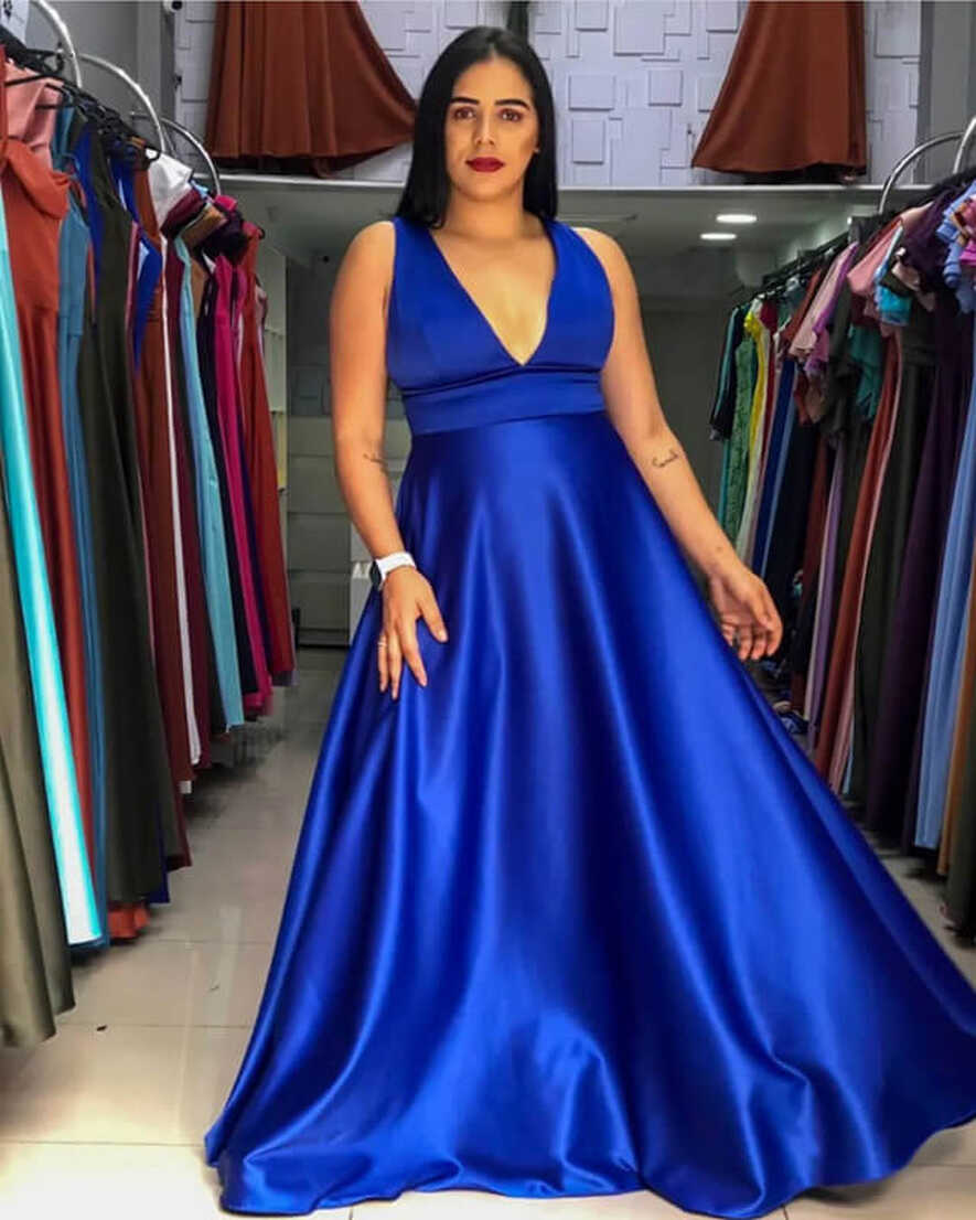 Plus Size Royal Blue Satin Bridesmaid Dresses Plunging Neck – Lisposa