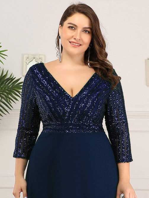 Plus Size Sequin Bodice Evening Dress with Three Quarter Sleeves ...