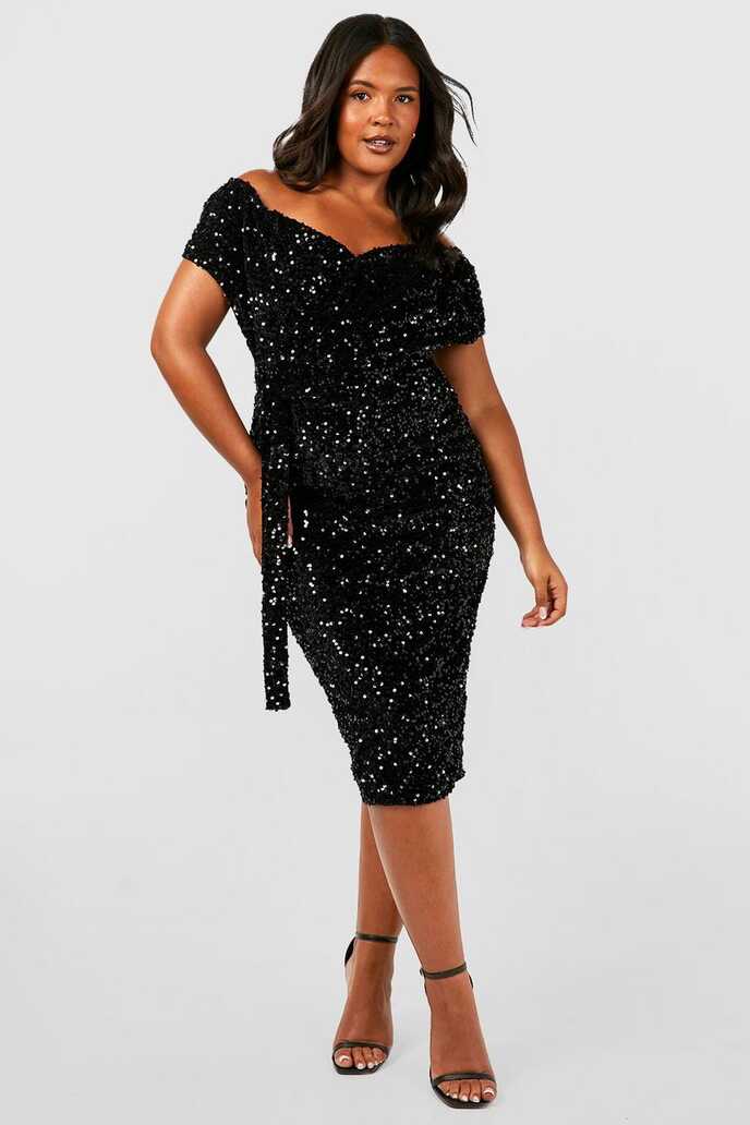 Plus Size Sequin Off The Shoulder Midi Wrap Dress