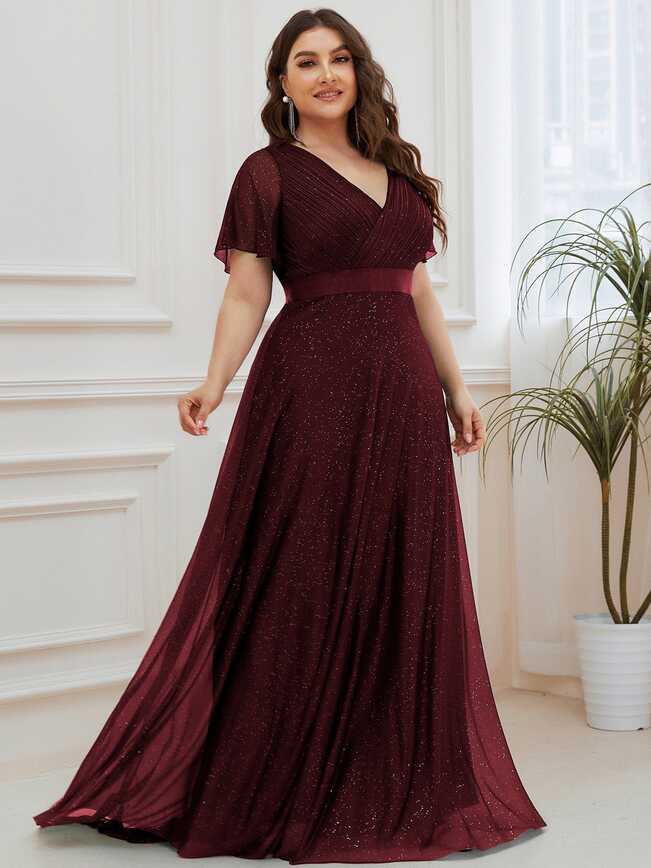 Plus Size V Neck Formal Evening Dress With Sleeves - Ever-Pretty US