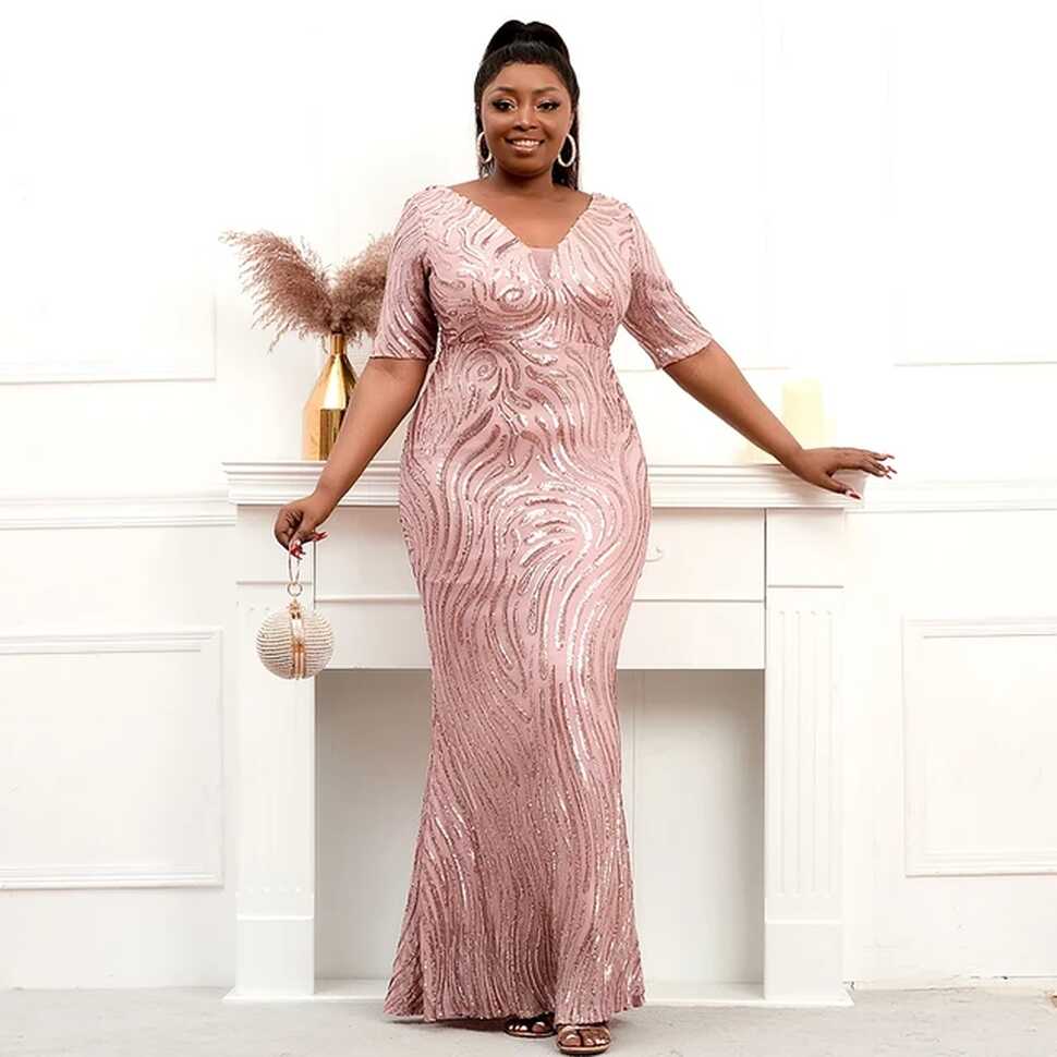 Plus Size V Neck Pink Sequin Evening Dress Half Sleeve Formal ...