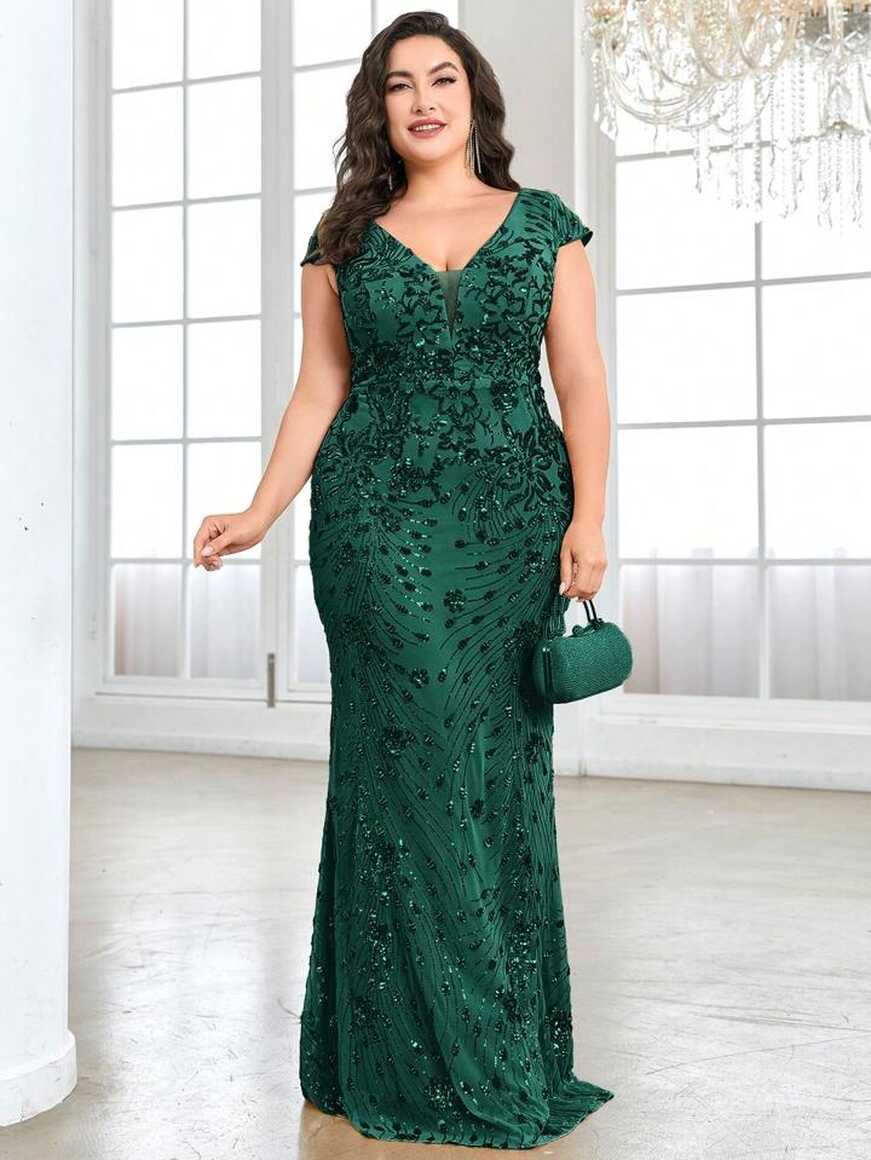 Plus Size V-Neck Sequin Mermaid Evening Gown | SHEIN USA