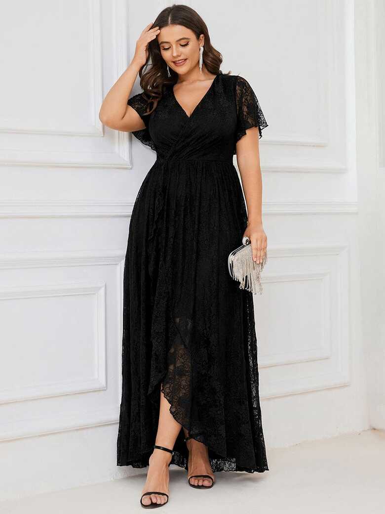 Plus Size V-Neck Short Sleeve Pleated Lace Evening Dress - Ever ...