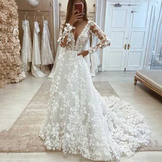 Plus Size V Neck Wedding Dresses Long Sleeve Lace Appliques A Line ...