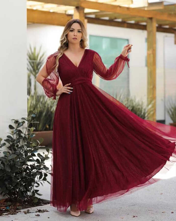 Plus Size Wine Red Bridesmaid Dresses Tulle V Neck Cold Sleeve ...