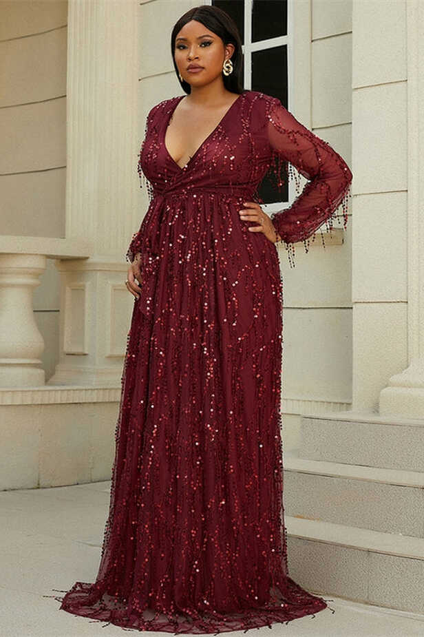 Plus Size Wine Red Fringes V-Neck Long Sleeve A-Line Prom Dress ...