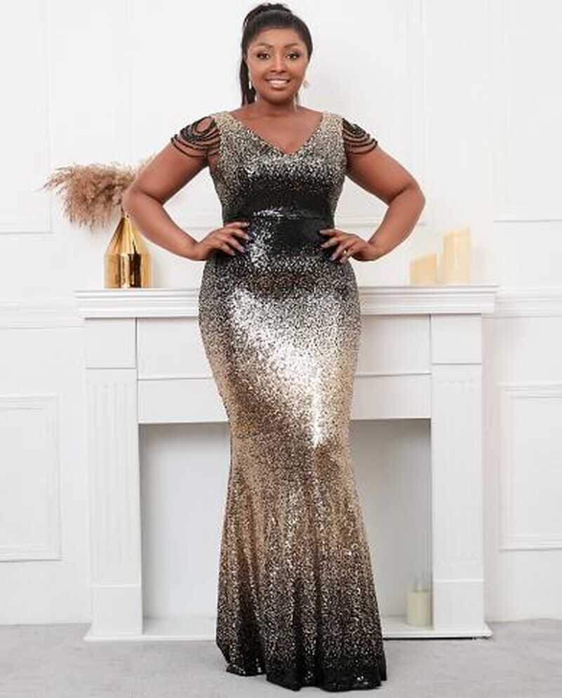 Plus Size Women Black Gold Sequin Beading Evening Dress Elegant V ...