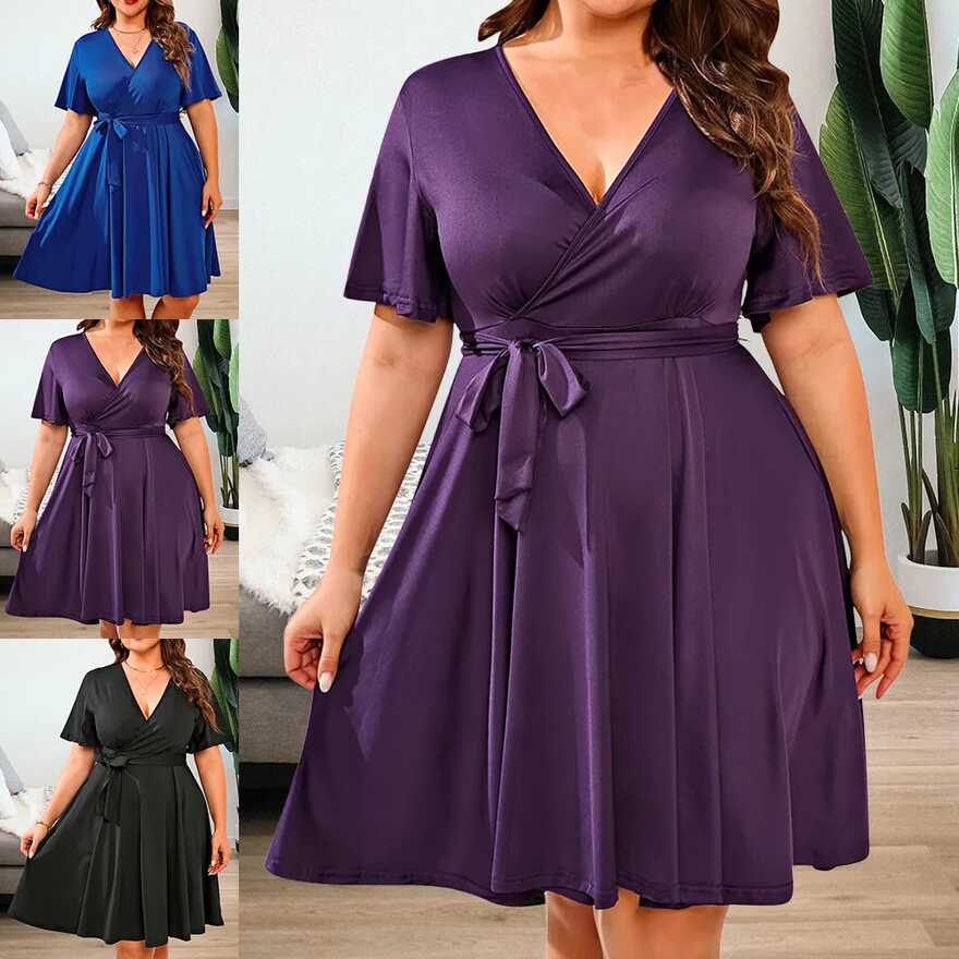 Plus Size Women V Neck Wrap Dress Ladies Short Sleeve Ruffle Swing ...