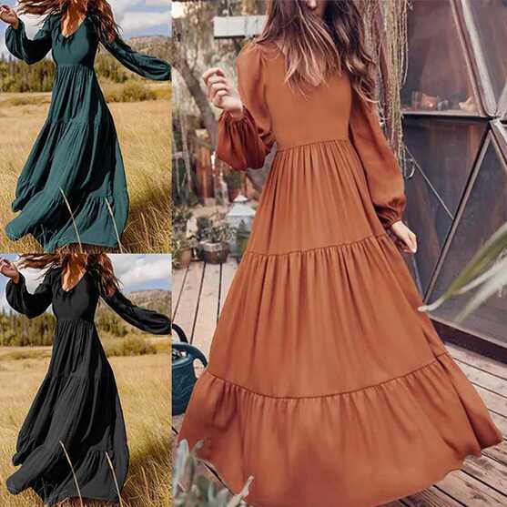 Plus Size Womens Long Sleeve V Neck Maxi Dress Ladies Casual Solid ...