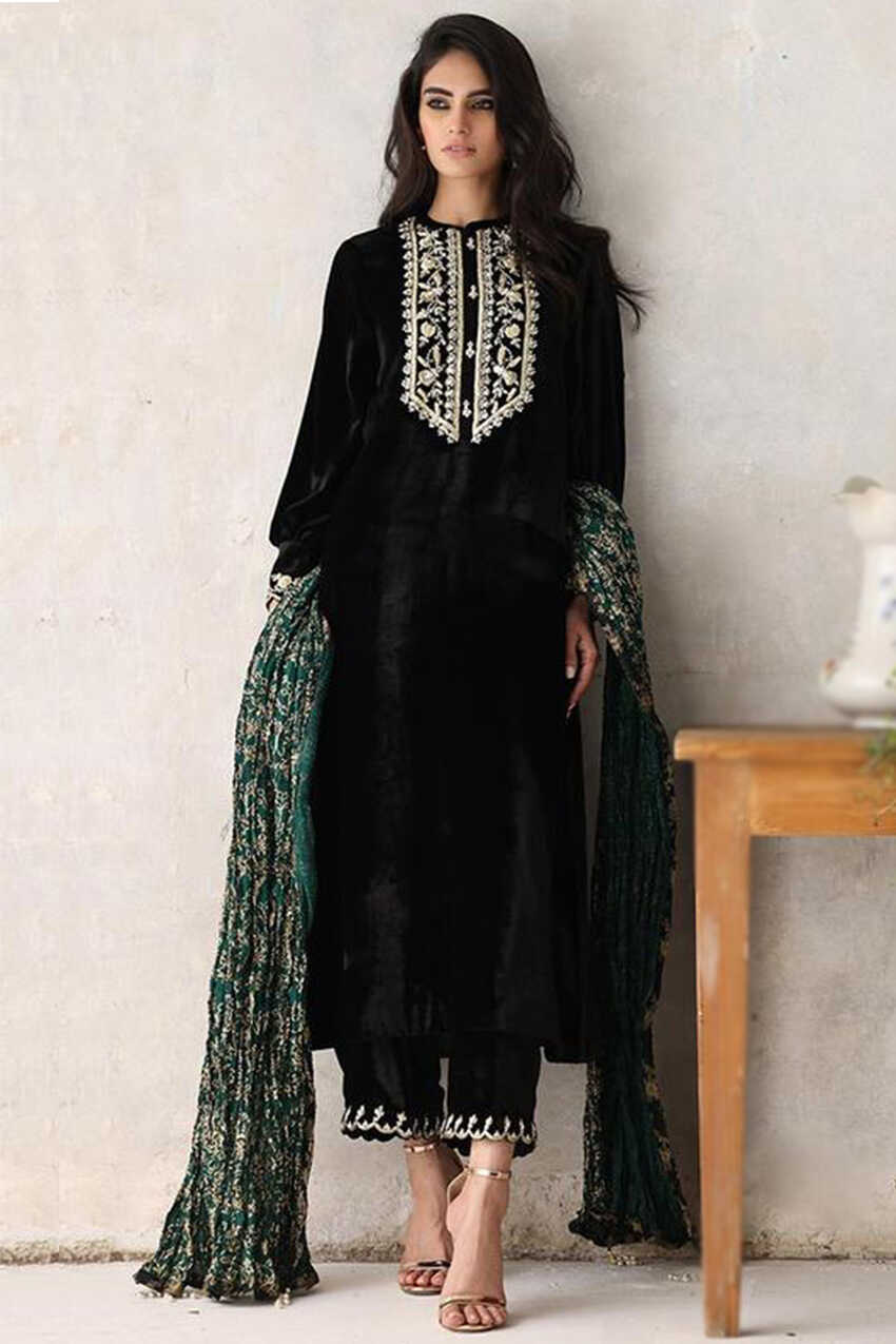 Plus Size Zari Embroidered Black Pakistani Designer Trouser Suit ...