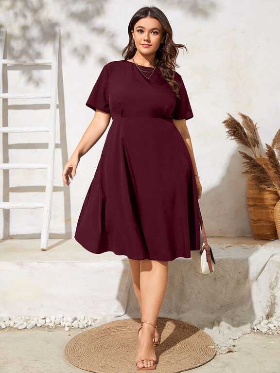 Plus Solid Flared Hem A-line Dress