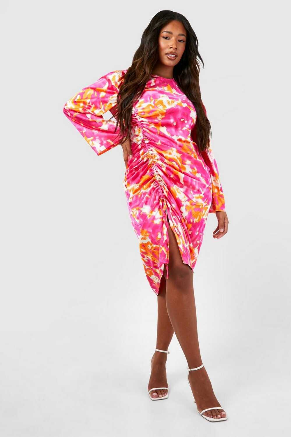 Plus Woven Floral Ruched Midi Dress | boohoo DK