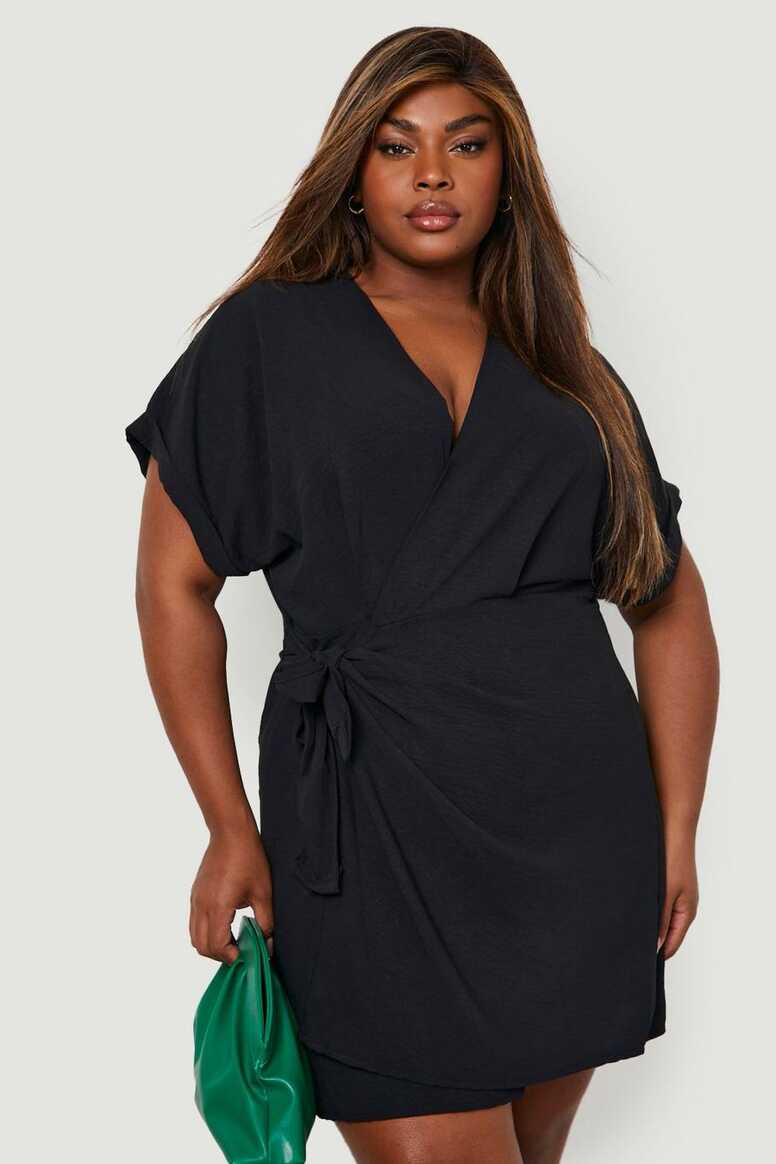 Plus Woven Textured Tie Wrap Dress | boohoo