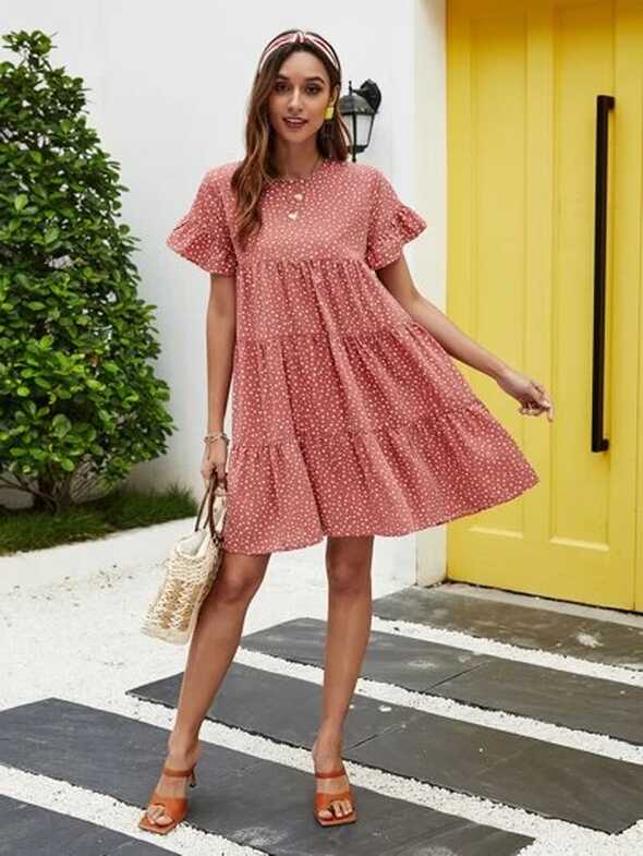 Polka Dot Flounce Sleeve Smock Dress