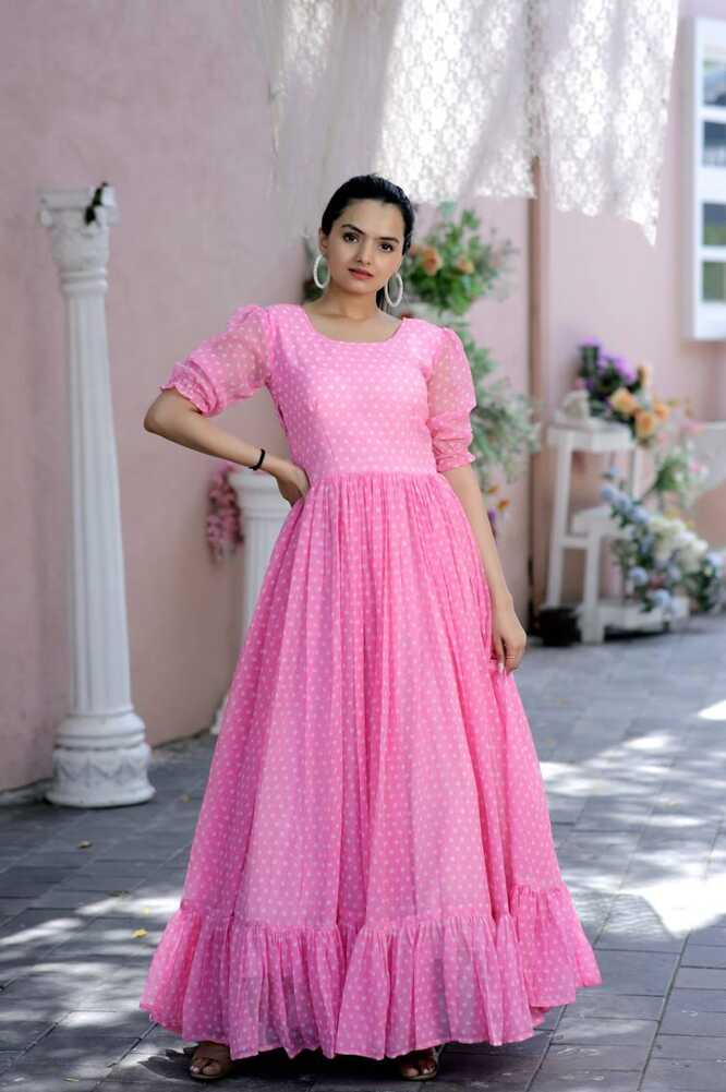 Polka Dot Printed Work Light Pink Color Gown - Clothsvilla