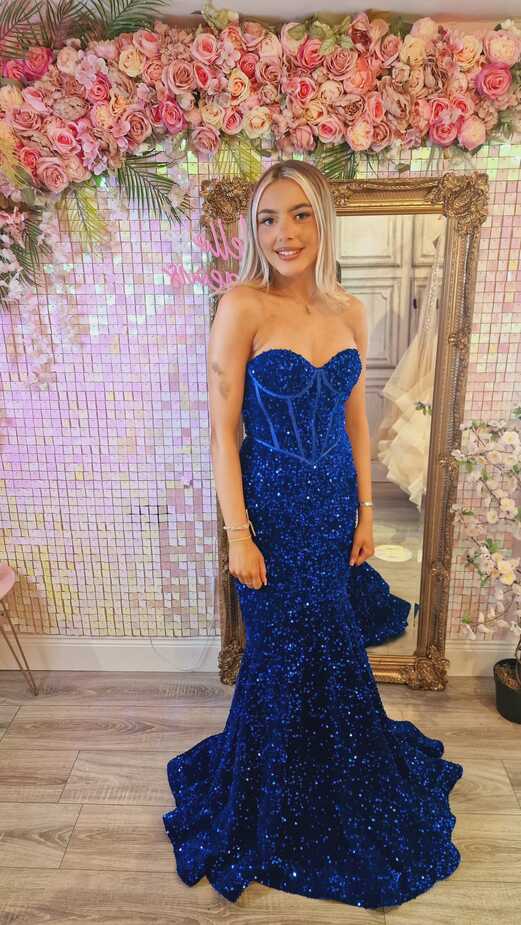 Poppy Royal Blue Sequin Corset Strapless With Low Back Formal Prom Dre