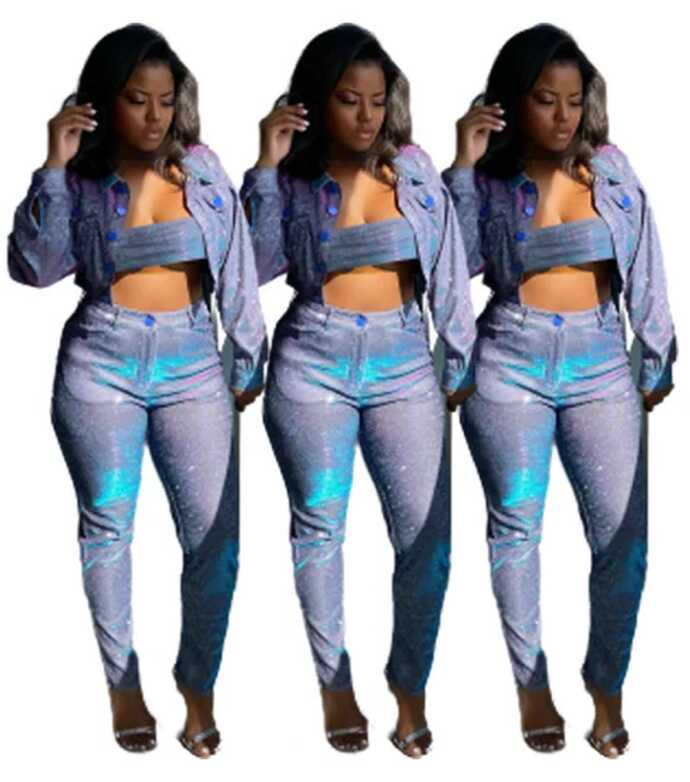 Popular Hot Sexy Women Shinny Denim Jeans 3 Piece Set Outfits ...