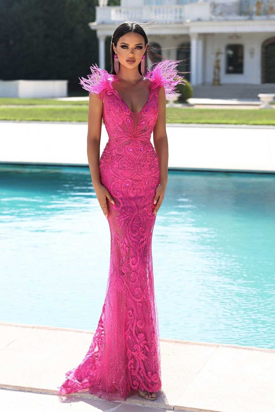 Portia &amp; Scarlett FUFU Hot Pink Feather Mesh Couture Beaded Formal Gow