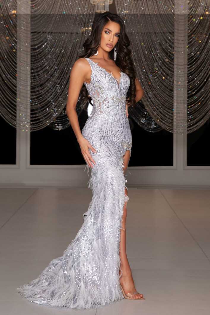 Portia &amp; Scarlett PS21228 Silver Sequin Lace Fitted Formal Gown