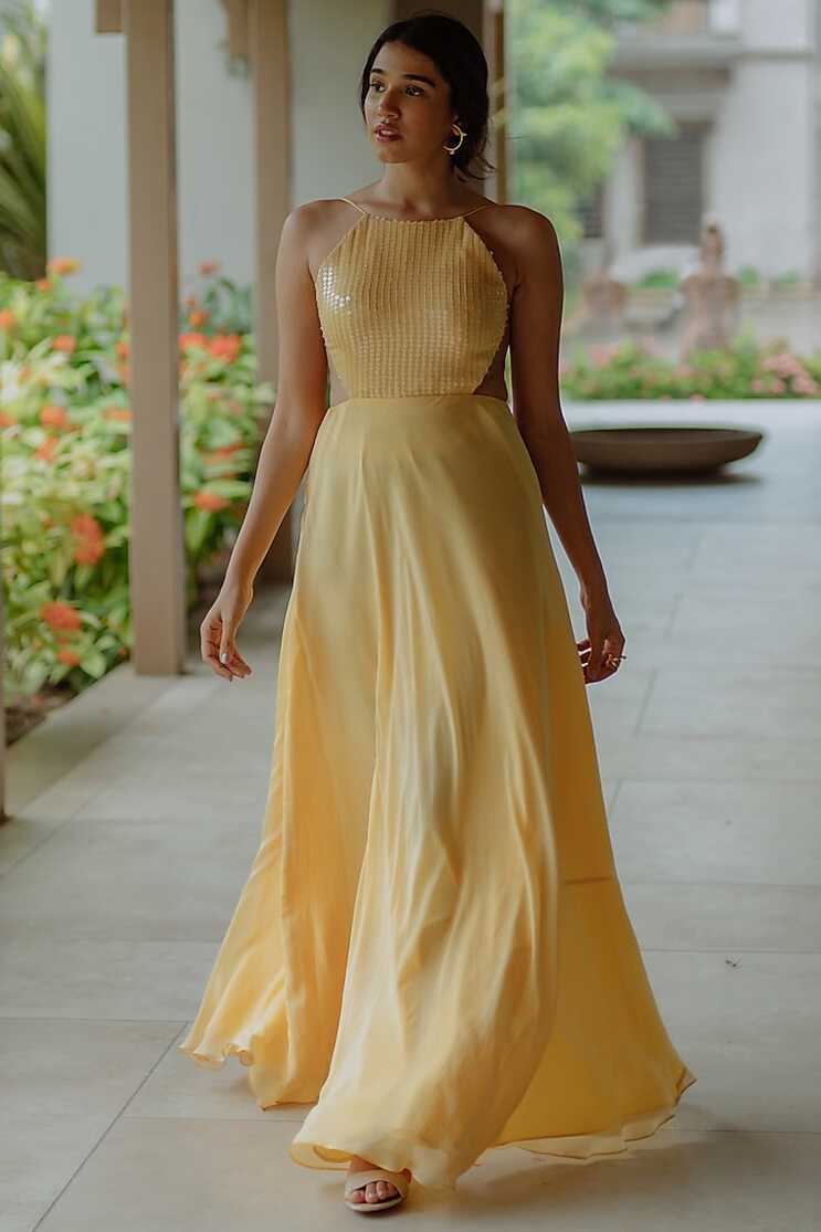 Powder Yellow Backless Gown With Side Cut-Outs Design by PINUP BY ...