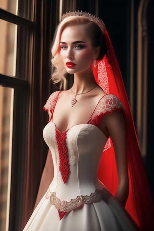 Premium Photo | A gothic blonde bride in a red and white dress in ...