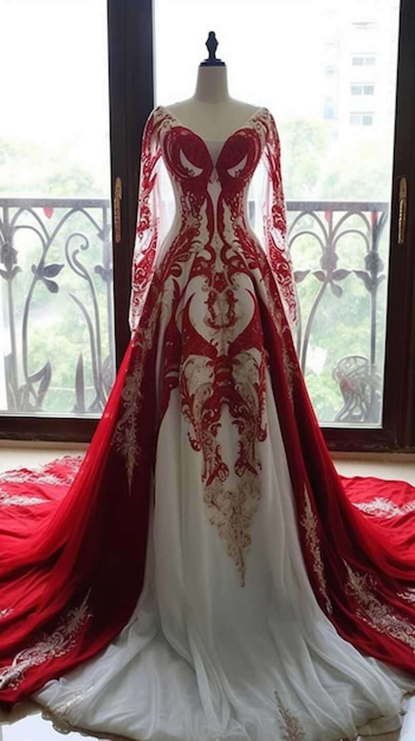 Premium Photo | A red and white wedding dress with a heart on the back