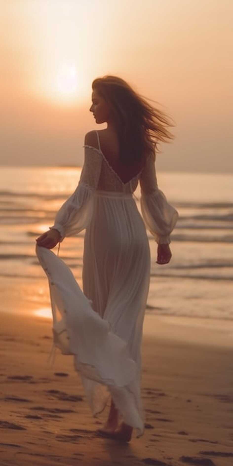 Premium Photo | A woman in a white dress walks on the beach at sunset.