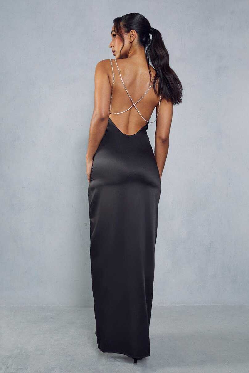 Premium Satin Cowl Neck Diamante Backless Maxi Dress