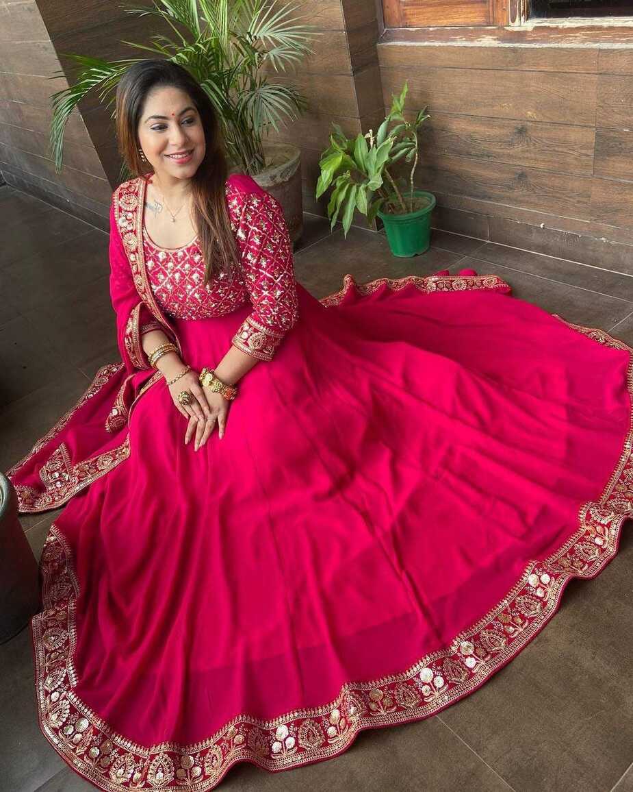 Presenting Dark Pink Color With Work Georgette Gown - Cloths